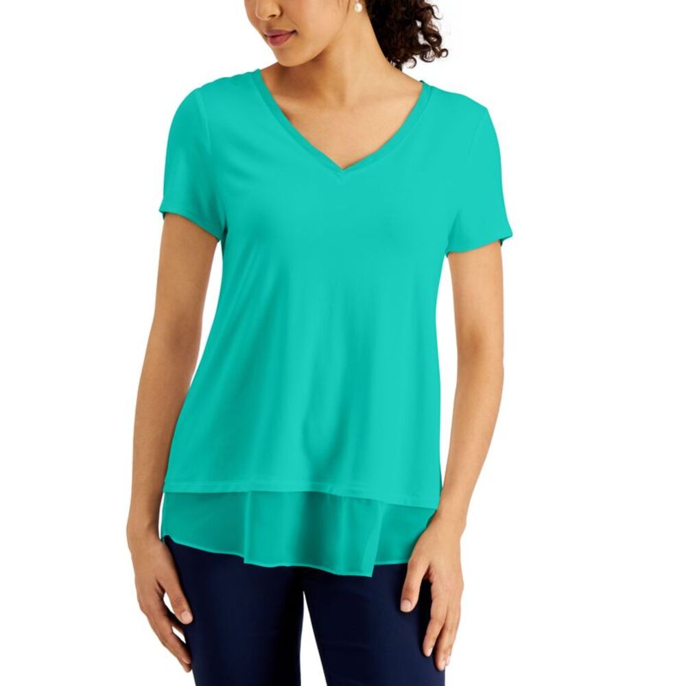 JM Collection V Neck Sheer Hem Top
